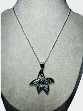 Alan K Silver Starfish Pendant Necklace with Black and White Inlay